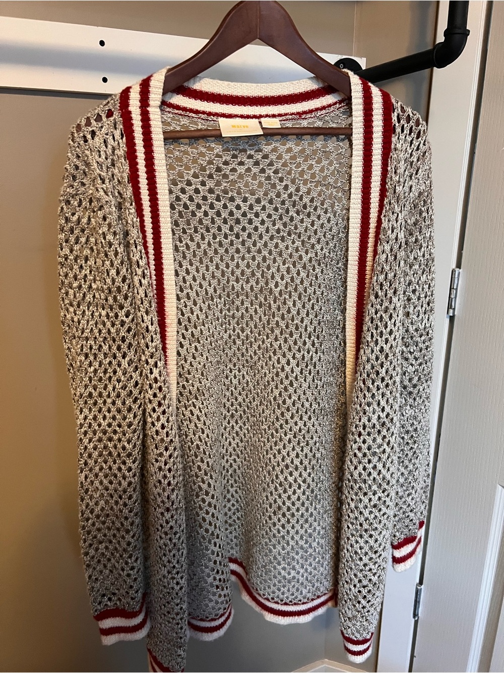 Anthropologie Maeve Open-Weave Metallic Cardigan with Red Trim
